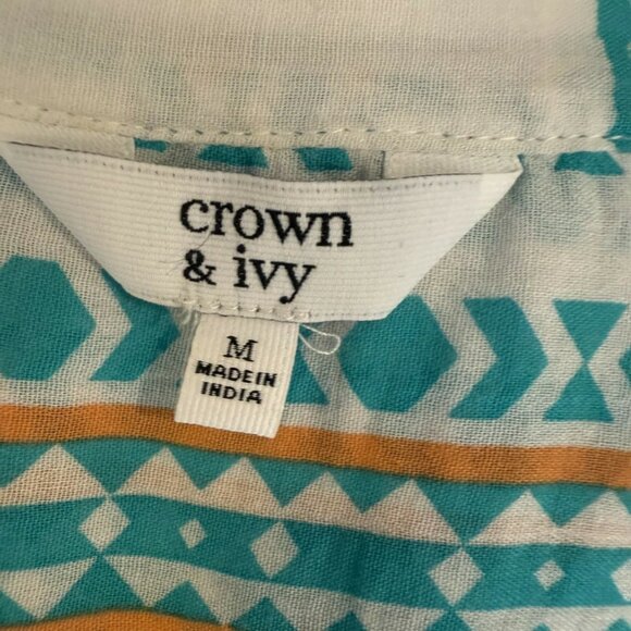 Crown & Ivy Womens Med Pineapple Shirt White with Green Pineapple Orange Fringe - Picture 2 of 9